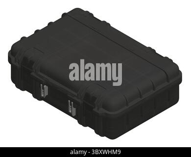 This illustration shows a rugged, black plastic toolbox with a secure latch and ergonomic design. The tool case features durable construction, rounded Stock Vector