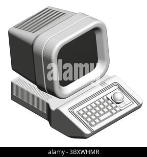 A retro computer monitor sits on a white background. The monitor is black and white and has a keyboard. Isometric view. 3D Stock Vector