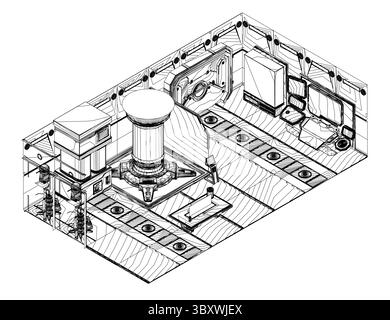 Futuristic sci-fi lab with sleek, angular architecture and advanced technological equipment. The design features glowing panels, metallic surfaces, an Stock Vector