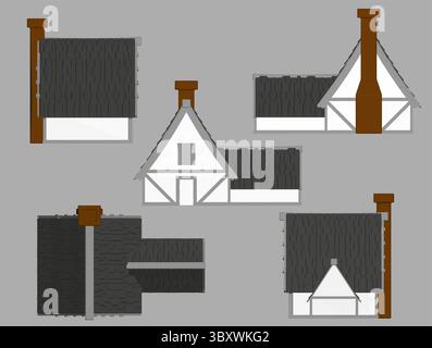 The image is a collection of different house designs, each with a unique roof style. Scene is creative and imaginative, as the houses are not real but Stock Vector