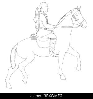 A man is riding a horse. The man is wearing a backpack and a bow and arrow. The horse is running Stock Vector