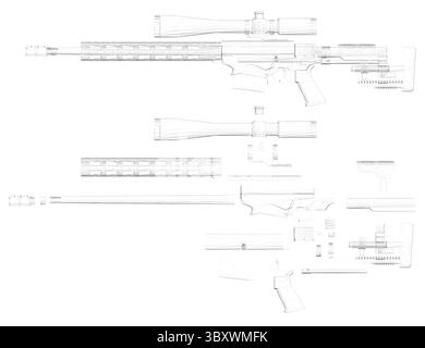 A series of guns are shown in a line, with the first one being a rifle and the last one being a sniper rifle Stock Vector