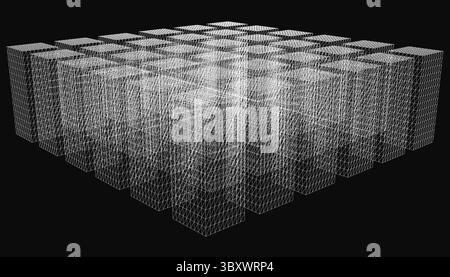 A cube of white pixels with a black background. The cube is filled with a lot of white pixels, creating a sense of depth and dimension. The image is a Stock Vector