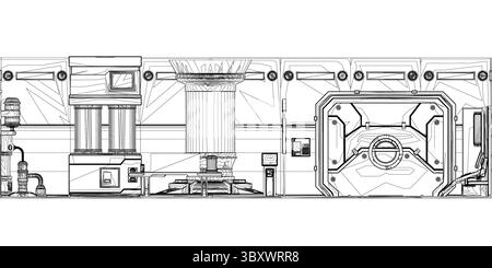 Futuristic, modular machine with robotic arms and precision components. It features systems, control panels, mechanical joints, designed for advanced Stock Vector