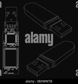 A close up of a USB flash drive with a black background. The flash drive is shown in three different views, with the top view showing the USB port and Stock Vector