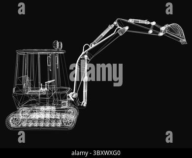 A black and white drawing of a large construction machine. The drawing is in black and white and is very detailed Stock Vector