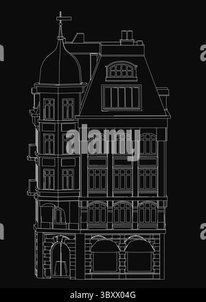 A black and white outline drawing of a Dutch-style building featuring a prominent clock tower, intricate windows, and detailed balconies. The architec Stock Vector