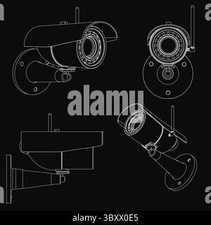 A black and white drawing of a security camera. The camera is mounted on a wall and has a small antenna. The camera is designed to be wireless and has Stock Vector