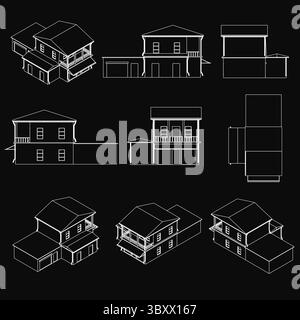 Detailed house blueprints on a black background, showcasing front elevations of different architectural styles. The set includes modern, traditional, Stock Vector