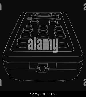 A white line art outline of a TV remote control on a black background, shown from a front view. The vector illustration features clean, minimalist con Stock Vector