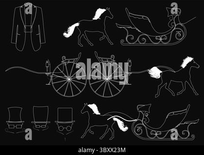 A black and white horse-drawn sleigh with a man in a suit and top hat, set against a dark background. The sleigh features intricate details like the h Stock Vector