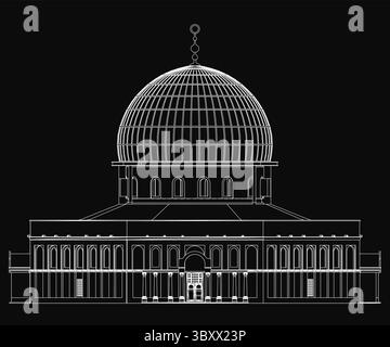 Detailed architectural blueprint of a grand building featuring a prominent dome, showcasing precise technical drawings with labeled dimensions. The da Stock Vector