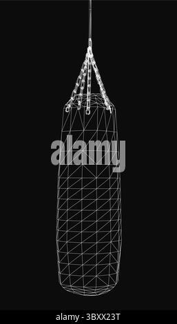 Black and white wireframe punching bag hangs from a chain, featuring a cylindrical shape and a top handle for easy transport. The bag appears securely Stock Vector