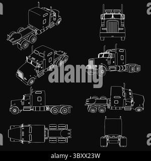 A series of black and white drawings of a semi truck. The truck is shown from the side, with the cab and trailer. The drawings are all different angle Stock Vector