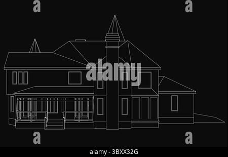 A black and white outline drawing of a large custom home featuring a prominent turret, showcasing classic architectural details. The clean, bold lines Stock Vector