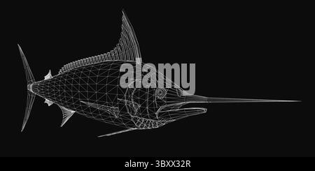 Sailfish 3D model in wireframe style, showcasing intricate details and realistic form on a sleek black background. The fish features a long, pointed b Stock Vector
