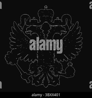 A majestic black and white double-headed eagle with a crown, symbolizing the Russian coat of arms, stands proudly against a deep black background. Stock Vector