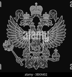 A majestic black and white double-headed eagle with a crown, symbolizing the Russian Federation, stands proudly against a dark background. Its wings a Stock Vector