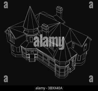 Victorian-style house with a turret, rendered as a 3D model against a black background. The detailed outline highlights architectural features like ga Stock Vector