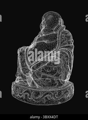 A wireframe Buddha statue with intricate lines and geometric shapes, rendered in a minimalist style on a black background. The design highlights the s Stock Vector