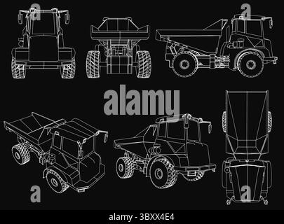 Dump trucks of varying sizes and designs stand out on a black background, showcasing distinct wheelbases and detailed features like headlights, grille Stock Vector