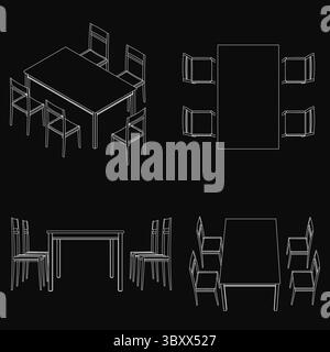 A set of dining table and chairs drawn with clean lines on a black background. The rectangular table is surrounded by symmetrically arranged chairs, s Stock Vector