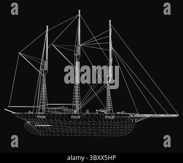 A detailed 3D model of a sailing ship with tall masts, billowing sails, and a sturdy hull stands out against a sleek black background. The intricate d Stock Vector