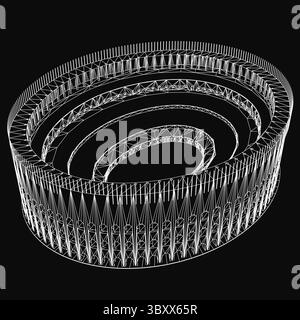 A black and white wireframe drawing of a Coliseum, composed of interconnected white lines on a black background. Stock Vector