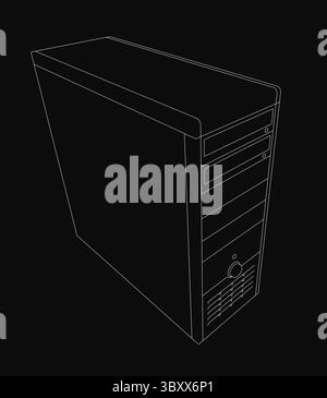 Black and white line drawing of a computer tower with clean, minimalist details. The system unit features sharp outlines and a sleek design, standing Stock Vector