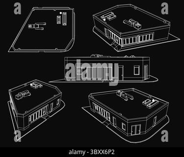 Contour buildings on a black background feature four distinct architectural designs arranged symmetrically. Each structure showcases unique shapes, si Stock Vector