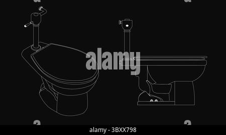 Two toilets sketched in black and white, one featuring a toilet seat and the other a flush tank, set against a dark, moody background. The minimalist Stock Vector