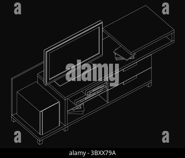 A black and white line drawing of a sleek TV stand with a flat screen TV on top, featuring clean lines and minimalist design. The dark background enha Stock Vector