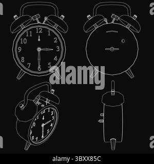 Alarm clocks with white faces and black numbers are arranged in a triangular formation on a solid black background. The largest clock is centered, fla Stock Vector