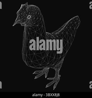 A 3D wireframe chicken stands on a black background with detailed feathers, bright alert eyes, and a curved beak. Its feet are firmly planted, giving Stock Vector