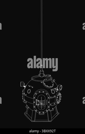 A black and white vector submarine hangs from a rope against a dark background, featuring clean contour lines and a sleek capsule shape. The minimalis Stock Vector