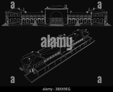 A detailed architectural blueprint of a modern estate building featuring numerous windows, clean lines, and precise measurements. The technical drawin Stock Vector