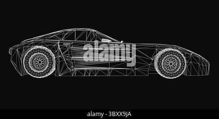 Low poly wireframe sports car with intricate geometric design, composed of interconnected lines and shapes on a sleek black background. The futuristic Stock Vector