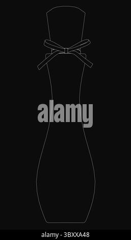 A white line drawing of a perfume bottle contour on a black background, featuring a sleek vector silhouette with elegant curves and a minimalist desig Stock Vector