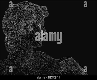 A black and white wireframe portrait of a man resembling the statue of David, deep in thought with his hand resting on his chin. The intricate digital Stock Vector