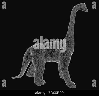 Brachiosaurus 3D wireframe model with detailed skeletal structure, showcasing its massive size and long neck. The black background highlights the real Stock Vector