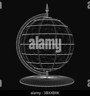 3D wireframe globe model with a realistic rendering, set against a sleek black background for high contrast. The detailed grid lines highlight the sph Stock Vector