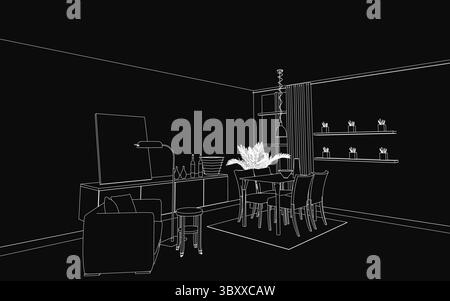 A black and white sketch of a cozy dining room featuring a wooden table surrounded by chairs, a sofa, and a stool. A lamp, bottles, and decorative ite Stock Vector