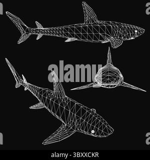 Three 3D wireframe sharks arranged in a triangular formation on a black background. The largest shark is centered, flanked by two smaller ones, with d Stock Vector