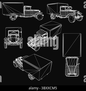 A set of four old trucks in line art style, each with unique designs, placed on a solid black background. The bright colors of the vintage trucks cont Stock Vector