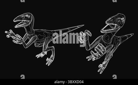 Two velociraptor dinosaurs sketched in black and white with intricate details like sharp teeth and long legs. The dynamic pose and sketch-like style s Stock Vector