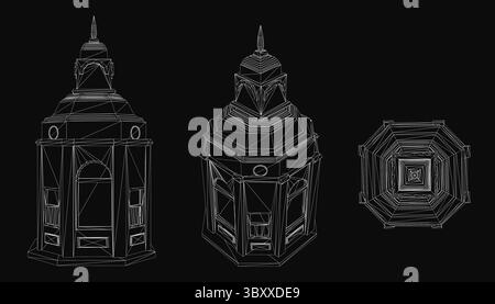 Three intricately detailed black and white lanterns stand out against a dark background, each with unique shapes and patterns. The high-contrast illus Stock Vector
