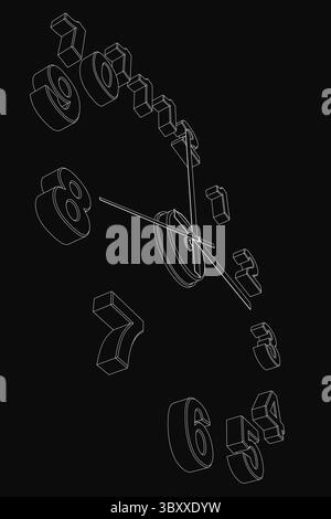 A black and white clock, bold numbers stands against a dark background. The sleek second hand adds a dynamic touch to the minimalist design. Stock Vector