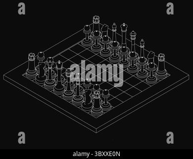 Black and white chess board with pieces in starting positions, set against a dark background for stark contrast. The wooden pieces are neatly arranged Stock Vector