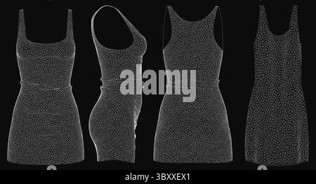 Four elegant black and white dresses displayed in a row, each featuring a distinct design with clean lines and contrasting tones. The solid black back Stock Vector