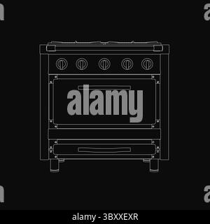 A black and white gas stove illustration features four burners and an oven, set against a sleek black background. The detailed drawing highlights clea Stock Vector